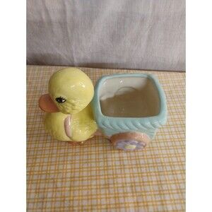 Yellow Ceramic Vintage Duck Wagon Planter Figurine Flower Signed  DF 84